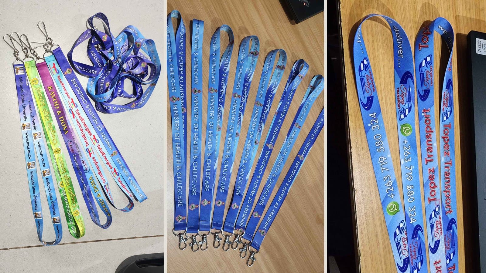 Full-colour printed lanyards laid out to show how printed colour appears