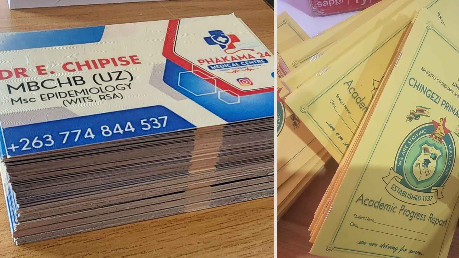 Printed business cards and trimmed school booklets showing finished print quality