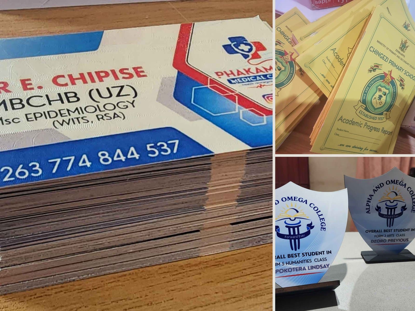 Printed business cards, school booklets and an engraved award shield
