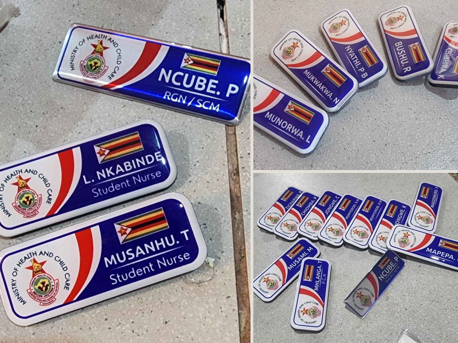 Domed full-colour name badges showing an institutional crest, staff name and role