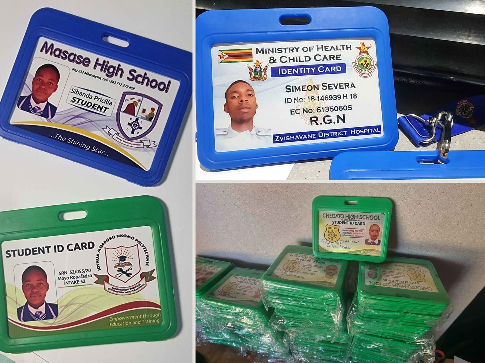 Printed PVC student and staff identity cards in coloured holders, with photograph, crest and registration details