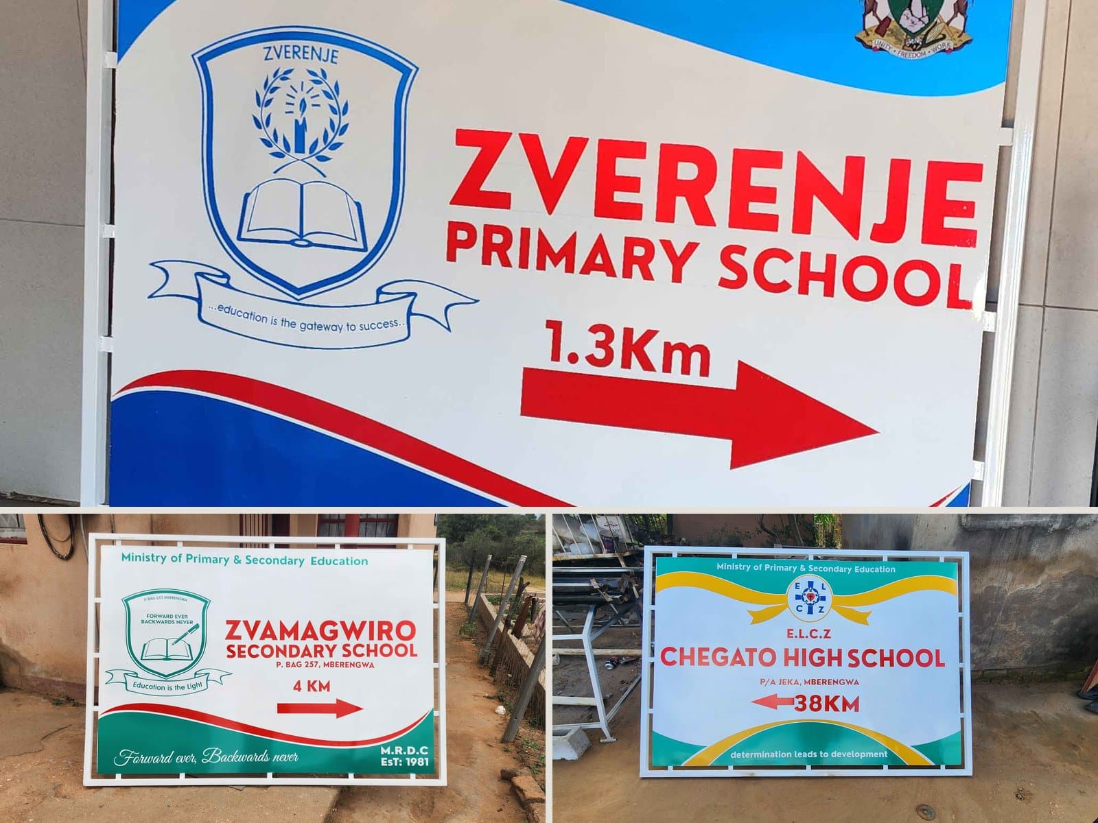 Painted school directional signs on white steel frames, including Zverenje Primary, Zvamagwiro Secondary and Chegato High School