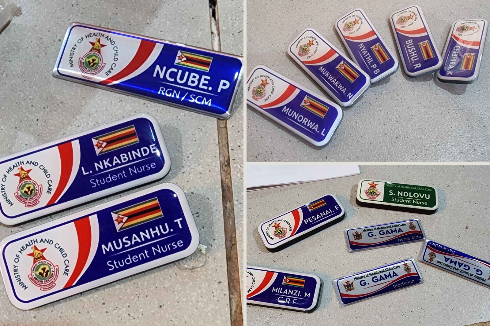 Domed name badges for health facility staff showing crest, name and role